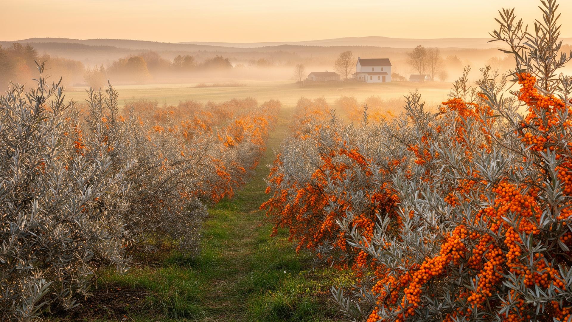 Sea buckthorn orchard at golden hour